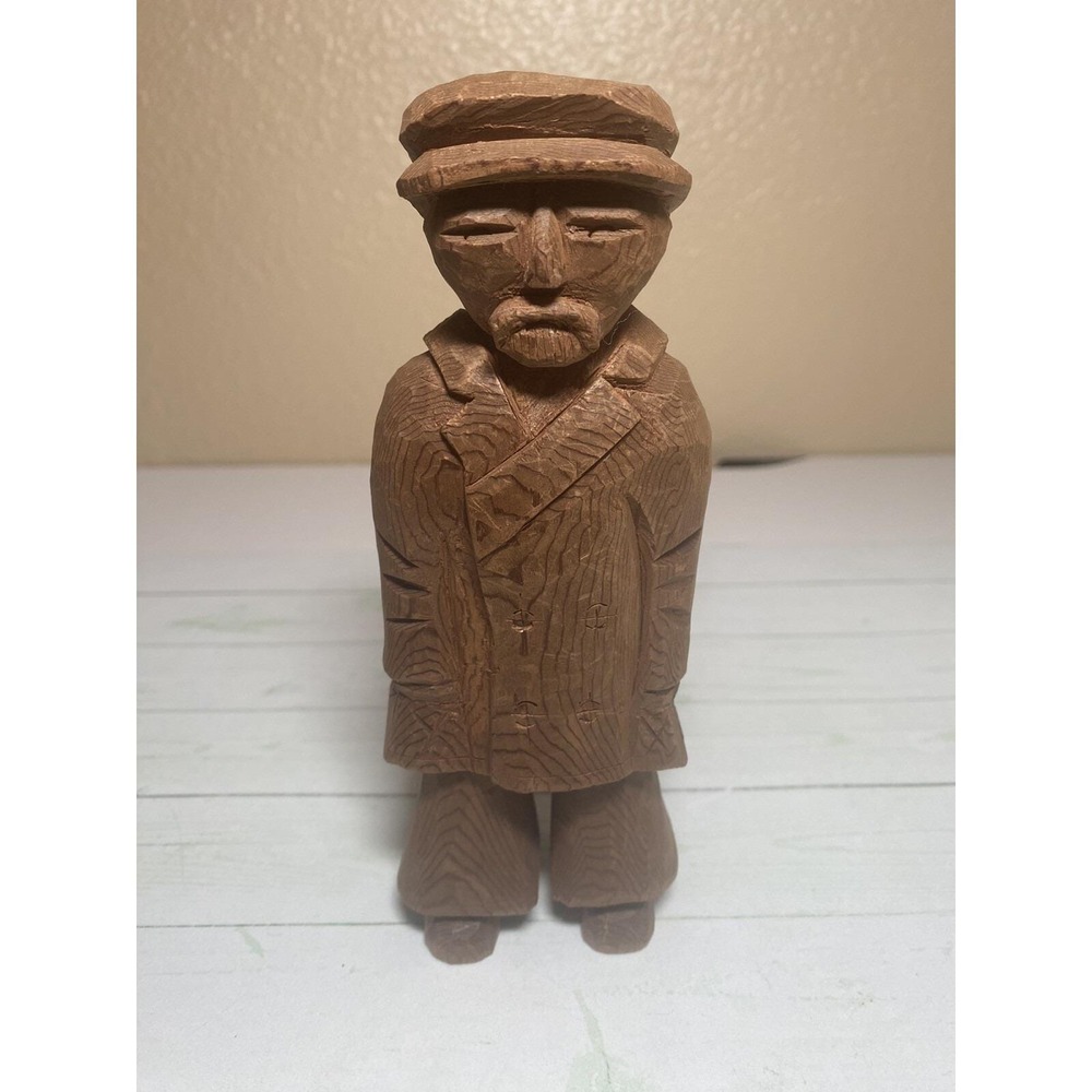 Vintage Hand Carved Man With Coat And Cap Older Man With Hands In His Pocket